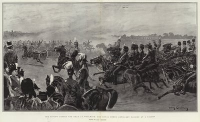 Granskningen inför Shah i Woolwich, Royal Horse Artillery passerar i galopp. av John Charlton