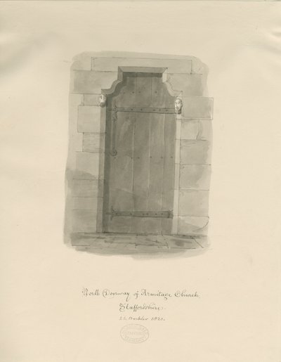 Armitage Church - North Doorway: sepiateckning av John Chessell Buckler