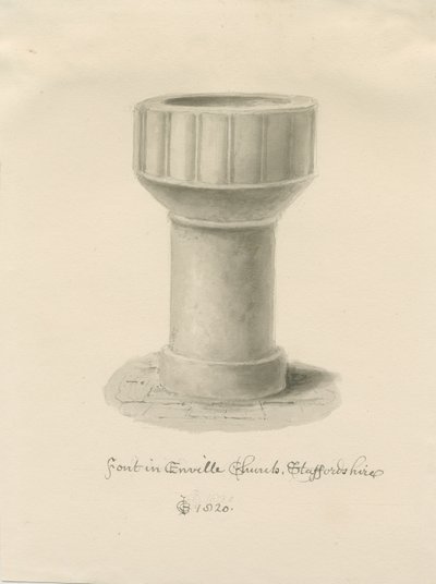 Font i Enville Church: sepiateckning, 1820 av John Chessell Buckler