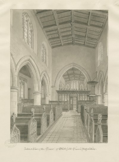 Interiör av Blithfield Church: sepiateckning, 1824 av John Chessell Buckler