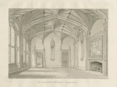 Blithfield Halls interiör: sepiateckning, 1823 av John Chessell Buckler