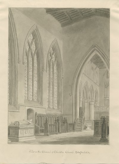 Checkley Churchs interiör: sepiateckning, 1841 av John Chessell Buckler