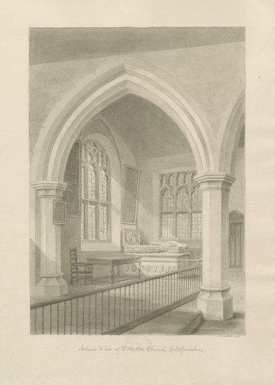 Interiör av Ellastone Church: sepiateckning, 1841 av John Chessell Buckler