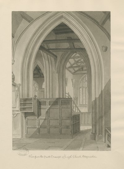 Interiör av Leigh Church: sepiateckning, 1841 av John Chessell Buckler