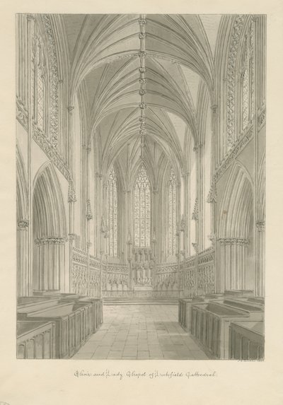 Interiör av Lichfield Cathedral - Choir and Lady Chapel: sepiateckning av John Chessell Buckler