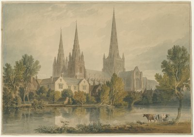 Lichfield Cathedral - South West View: akvarellmålning, 1813 av John Chessell Buckler