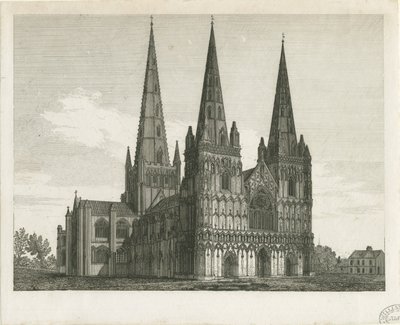 Lichfield Cathedral - West Front: gravyr och [tidigt 1800-tal] (tryck) av John Chessell Buckler
