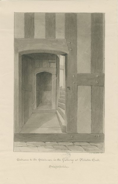 Pillaton Hall - Interiör av Gatehouse: sepia ritning av John Chessell Buckler