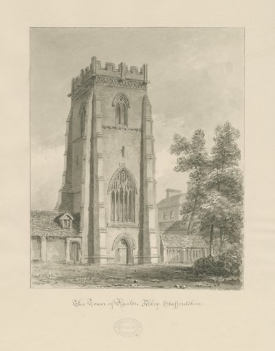 Ranton Abbey [Priory] - Tornet: sepiateckning av John Chessell Buckler