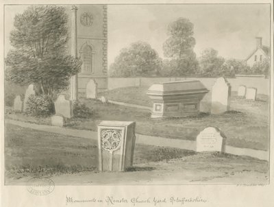Rocester Church - Monument och kyrkogård: sepiateckning av John Chessell Buckler