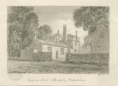 Rugeley Town - Grammar School: sepiatvättteckning, 1824 av John Chessell Buckler