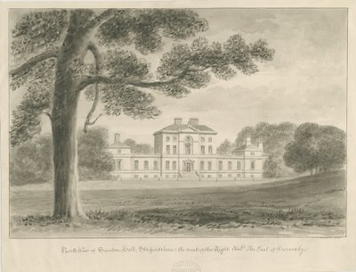 Sandon Hall: sepiatvättteckning av John Chessell Buckler