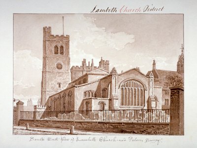 Sydostvy av Church of St Mary, Lambeth, London, 1828. av John Chessell Buckler