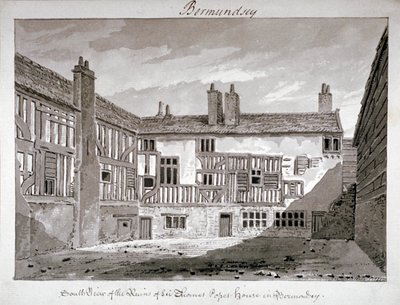 Södervy av resterna av Thomas Popes hus, Mill Lane, Bermondsey, London, 1808. av John Chessell Buckler