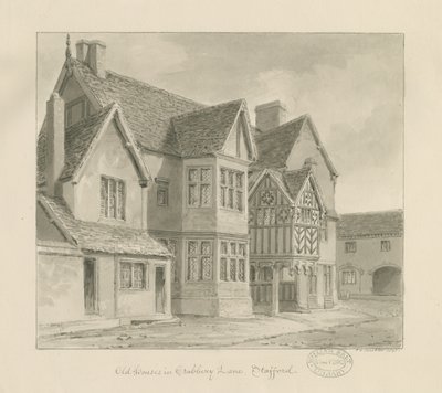 Stafford - Old Houses in Crabbery Lane: sepiateckning, 1841 av John Chessell Buckler