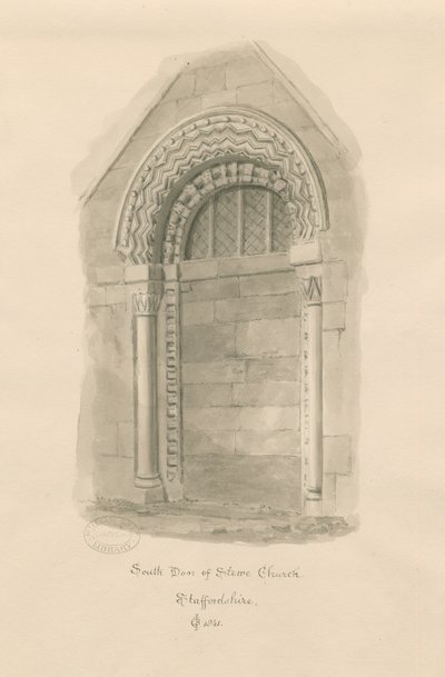 Stowe Church - South Door: sepiateckning av John Chessell Buckler