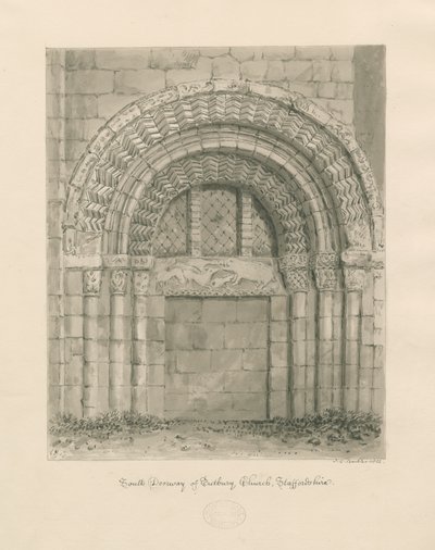 Tutbury Priory Church - South Doorway: sepiatvättteckning, 1812 av John Chessell Buckler