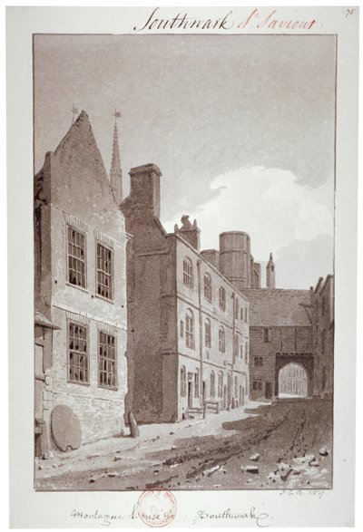 Utsikt mot porten till Montague House, Southwark, London, 1827 av John Chessell Buckler