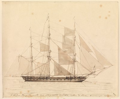 En fregatt på 50 kanoner med stagseglen hissade, lugnt och fint, markiserna utfällda, mitten av 1800-talet (penna och brunt bläck samt brun lavering) av John Christian Schetky