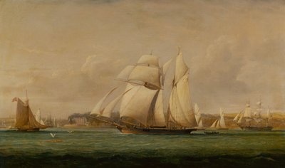 En Top Sail Schooner, Två Royal Yacht Squadron Cutters och ett amerikanskt handelsfartyg (olja) av John Christian Schetky