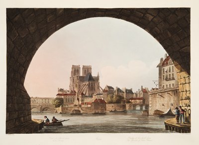 Bron över Hotel Dieu och kyrkan Notre Dame, illustration från Versailles, Paris och Saint Denis, pub. 1805 (akvatint) av John Claude Nattes