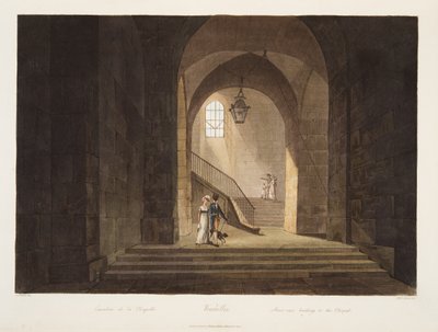 Trappa som leder till kapellet, illustration från Versailles, Paris och Saint Denis, pub. 1806 (akvatint) av John Claude Nattes