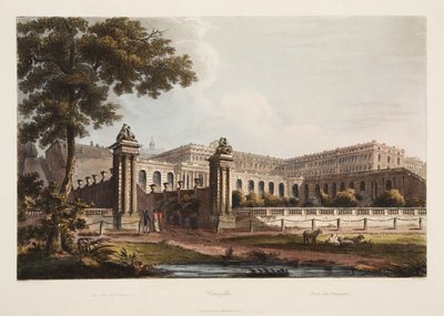 Versailles från Orangeriet, illustration från Versailles, Paris och Saint Denis, pub. 1805 (akvatint) av John Claude Nattes