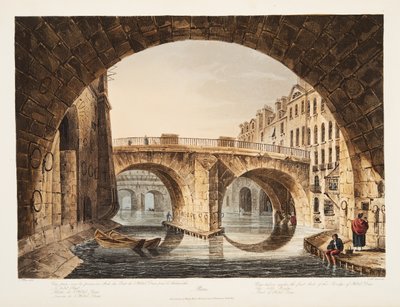Vy tagen från under den första bågen av bron av Hotel Dieu, Lilla bron, del av Hotel Dieu, illustration från Versailles, Paris och Saint Denis, pub. 1809 (akvatint) av John Claude Nattes