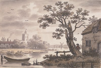 Flodscen med kyrka, stuga och väderkvarn av John Collet