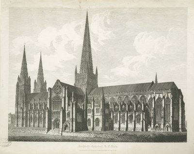Lichfield Cathedral - South East View: gravyr, nd [c 1823] (tryck) av John Coney