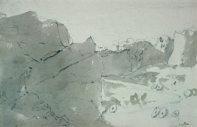Ett stenbrott för kvarnstenar i Derbyshire, 1801 (blyerts och sepiatvätt på papper) av John Constable