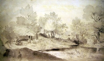 En Suffolk Pond, med stugor i fjärran (penna & tvätt på papper) av John Constable