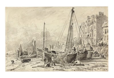 Strandade fiskebåtar med fiskare som lagar nät på stranden i Brighton, med utsikt mot väster, ca 1824-28 av John Constable