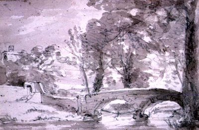 Bro med träd och byggnader, vid Haddon av John Constable