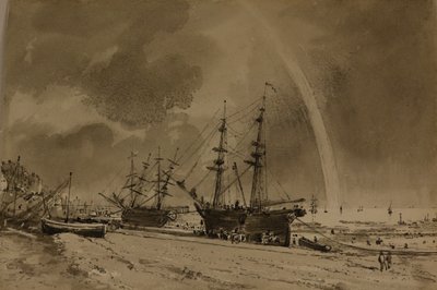 Brighton Beach med en regnbåge: Colliers Unloading, ca 1792 (akvarell på papper) av John Constable