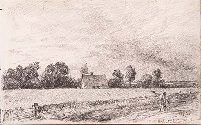 Stugor och väg, Östra Bergholt, penna av John Constable