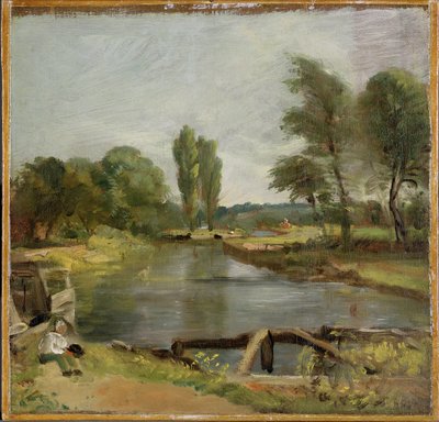 Flatford Lock, 1810-11 (olja på papper på duk) av John Constable