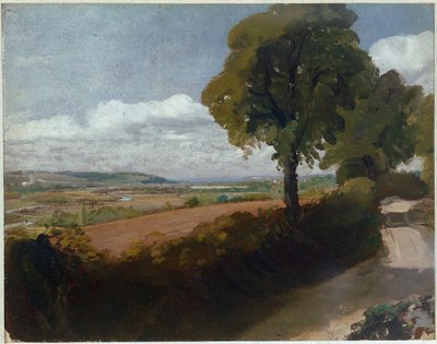 Utsikt över Dedham från körfältet som leder från East Bergholt Church till Flatford (olja på duk av John Constable