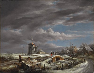 Vinterlandskap med figurer på en stig, en gångbro och väderkvarnar bortom av John Constable