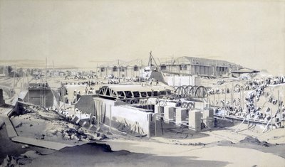 Building the Stationary Engine House, Camden Town, 26 april 1837 (penna & bläck och tvätt på papper) av John Cooke Bourne