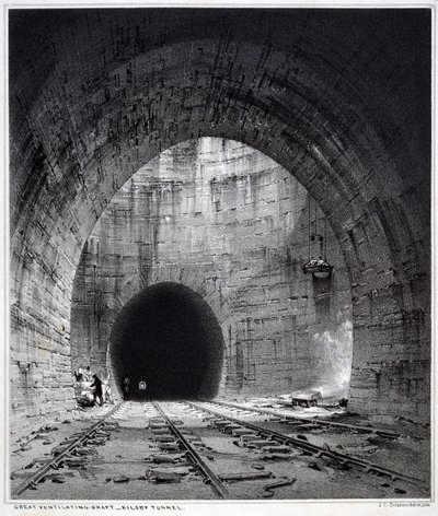 Stort ventilationsschakt, Kilsby Tunnel, Northamptonshire, 1838 (penna & bläck och tvätt på papper) av John Cooke Bourne