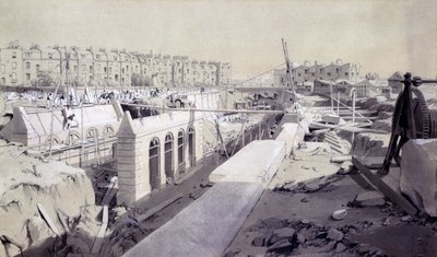 Mornington Crescent - Line under konstruktion, september 1836 (penna & bläck och tvätt på papper) av John Cooke Bourne