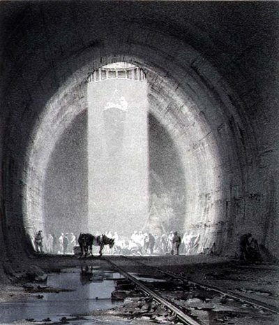 Arbetande schakt, Kilsbytunnel, 8 juli 1837, graverad av konstnären av John Cooke Bourne