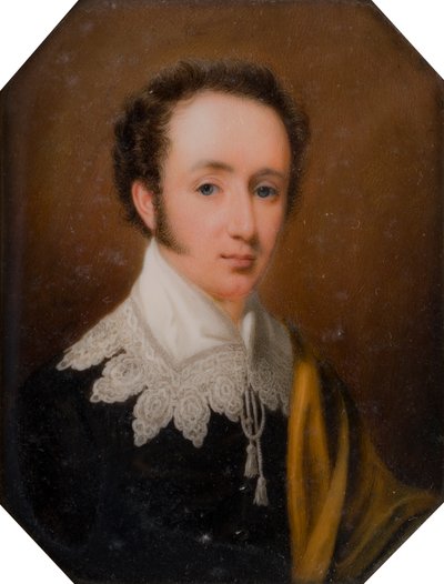 Porträtt av George, Viscount Newport, senare 2:e earl av Bradford (1789-1865), ca 1809-62 (olja på elfenben) av John Cox Dillman Engleheart