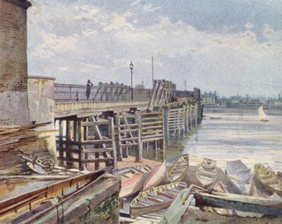 Det försvunna London: Gamla Battersea Bridge, från norra stranden (färglitografi) av John Crowther