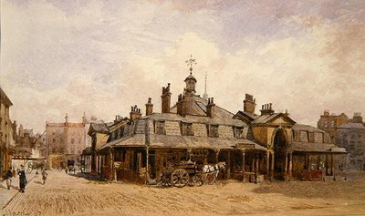 Utsikt över Oxford Market, St. Marylebone, ca 1880 (akvarell på papper) av John Crowther