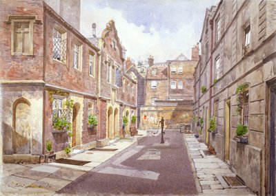 Utsikt över allmosor i Cock Court, Jewry Street, City of London, 1886. av John Crowther