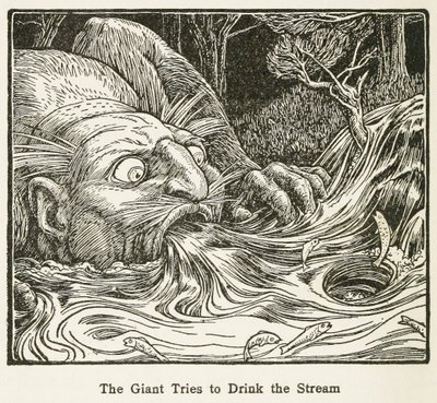 Jätten försöker dricka strömmen, från Europas Fairy Book, pub. 1916 (gravyr) av John Dickson Batten