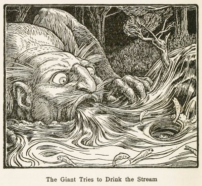 Jätten försöker dricka strömmen, från Europas Fairy Book, pub. 1916. av John Dickson Batten