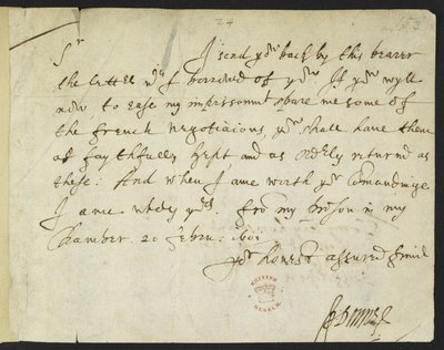 Cotton Julius C. III, f.153 Autografbrev från John Donne till Sir Robert Cotton, skrivet från fängelset, 20 februari 1601 (bläck på papper) av John Donne